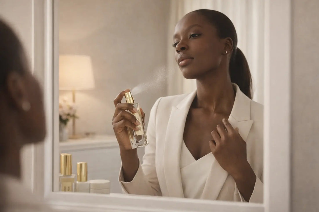 Woman looking in mirror getting ready spraying perfume oil