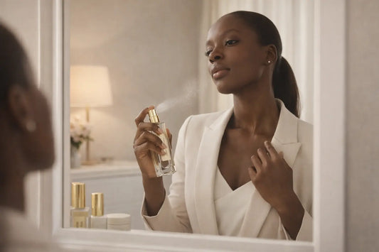 Woman looking in mirror getting ready spraying perfume oil